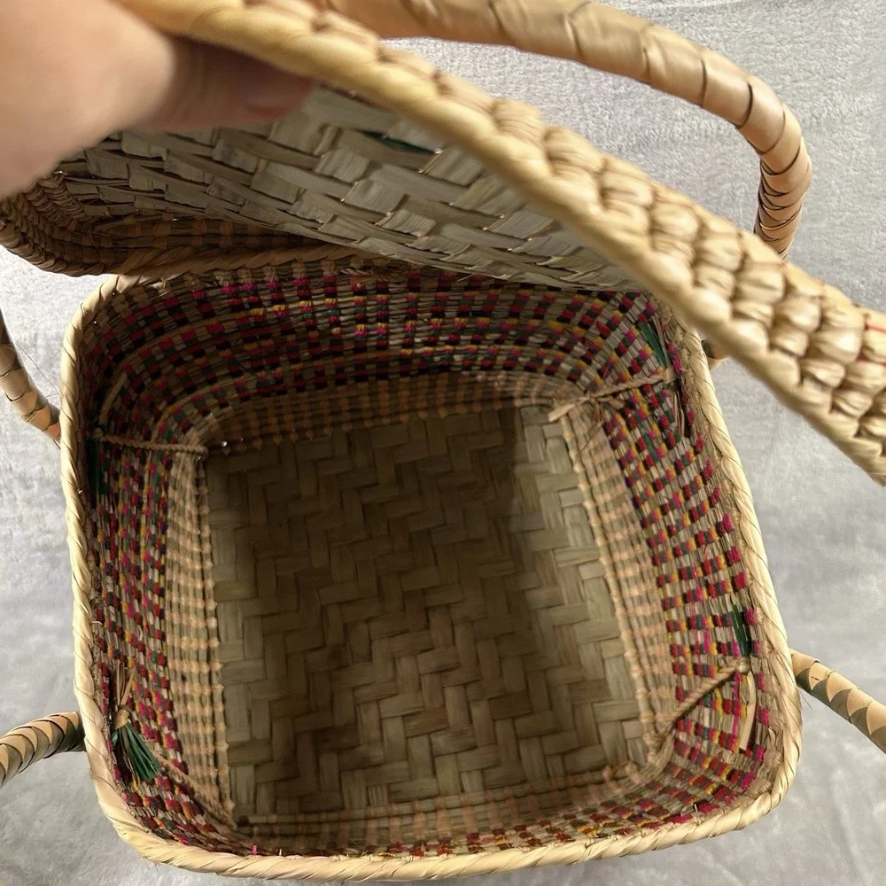 Mexican Square Basket W/‎ Handles & Lid, Colorful Woven Straw Boho Picnic Beach